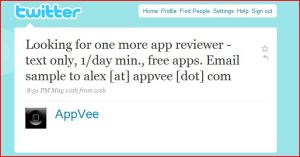 Looking for one more app reviewer - text only, 1/day min., free apps. Email sample to alex [at] appvee [dot] com